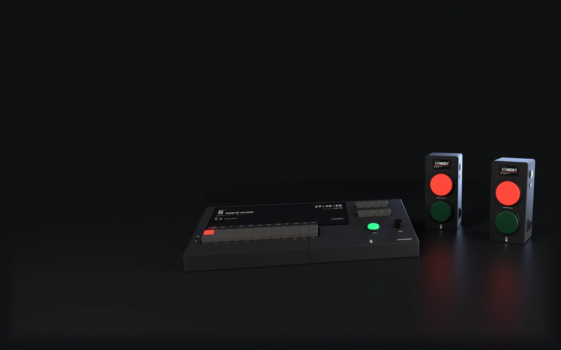 A Corner 12 on a dark desk with two Wings beside it. Channel 1's STBY key and both Wings' red buttons are lit; each Wing's display reads STANDBY, Q5 Island reveal.