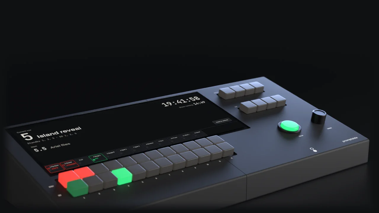 A Corner 12: two rows of STBY and GO keys under a wide touchscreen. Channel 1's STBY key is red with its GO key dim green, channel 2's STBY is red and channel 4's GO is green.